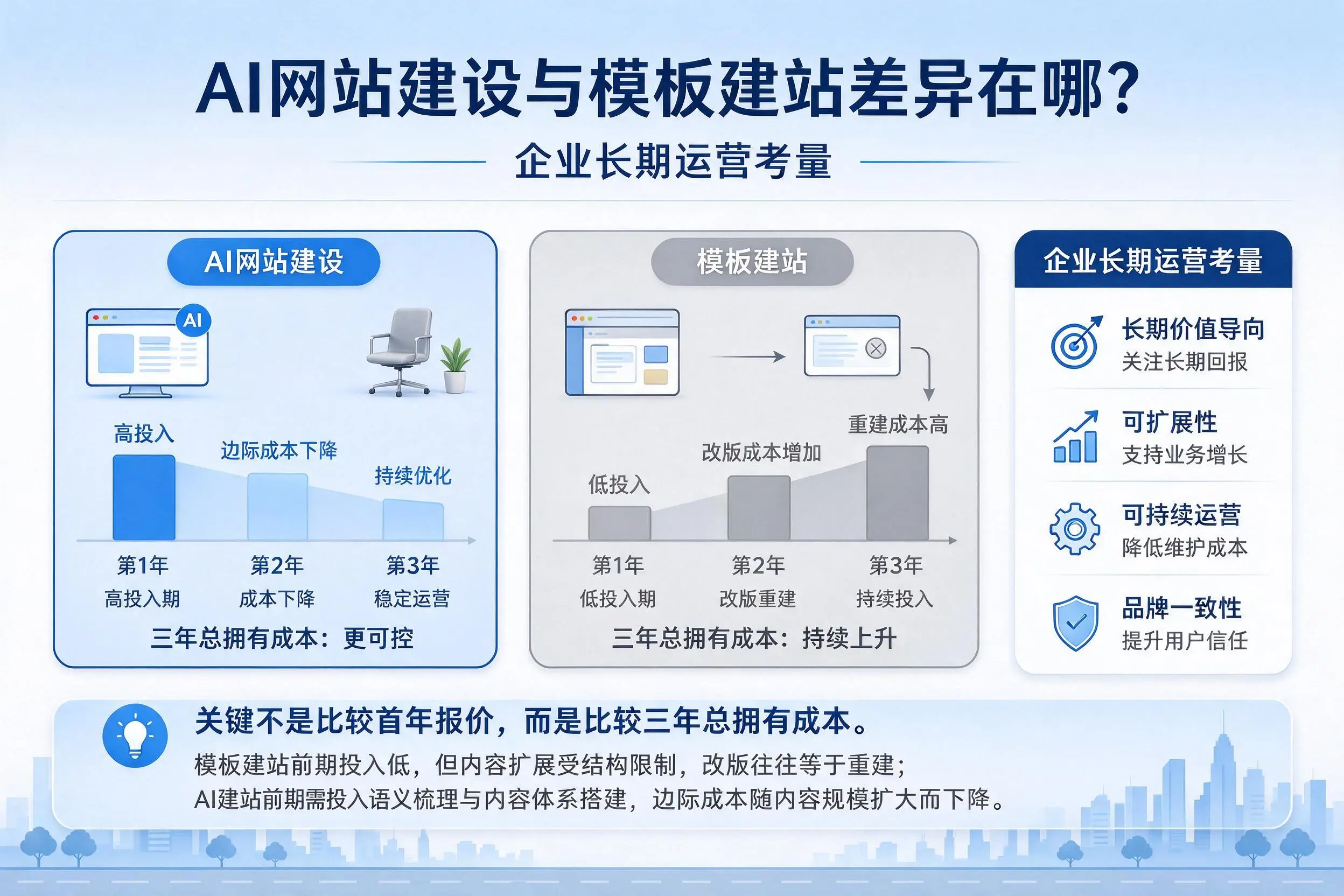 AI网站建设与模板建站差异在哪？鹤岗企业长期运营考量
